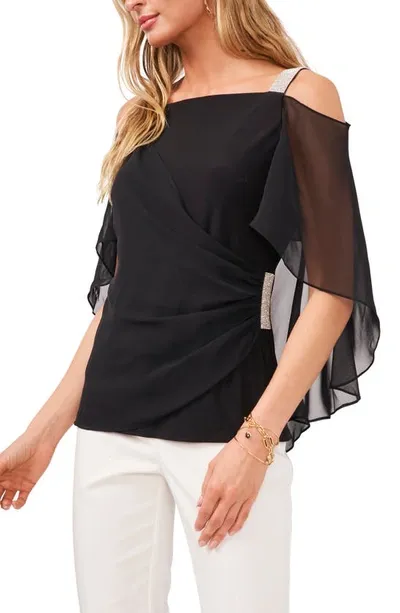 Chaus Rhinestone Trim Cold Shoulder Chiffon Blouse In Black