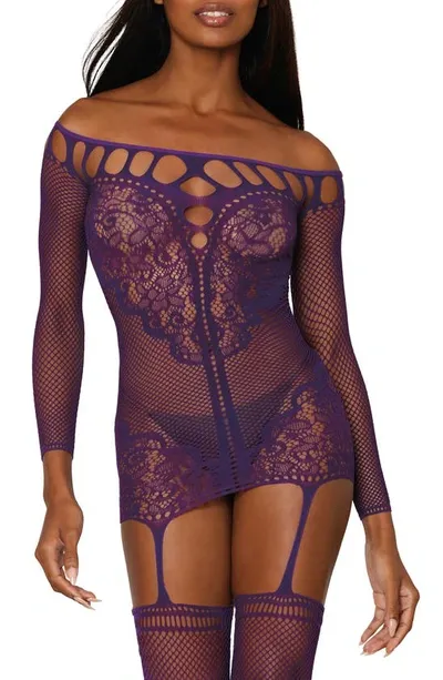 Dreamgirl Lace & Fishnet Garter Dress With Thigh High Stockings In Aubergine