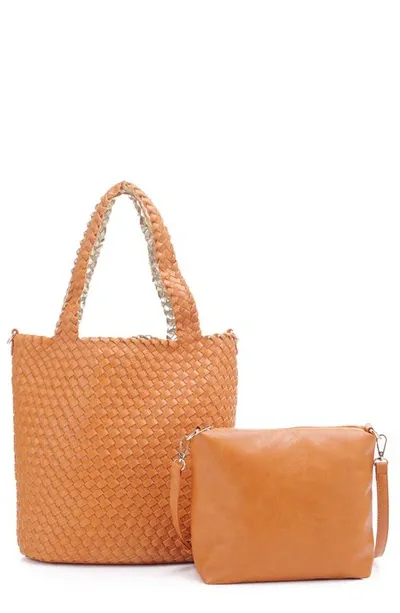 Mali + Lili Ray Convertible Woven Vegan Leather Tote In Orange