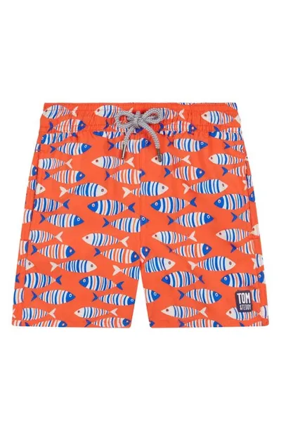 Tom & Teddy Kids' Fish Swim Trunks In Striped Orange