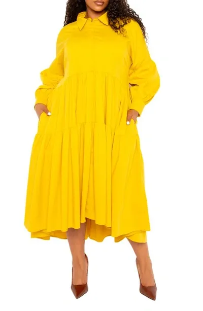 Buxom Couture Long Sleeve Tiered Cotton Blend Shirtdress In Mustard