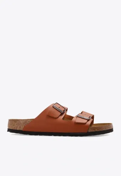 Birkenstock Arizona Logo-detail Leather Slides In Brown