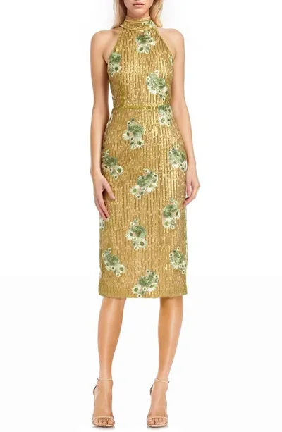 Jewel Badgley Mischka Floral Embroidery Sequin Sheath Dress In Citrus