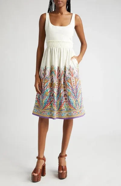 Etro Placed Paisley Print Tie Back Cotton Sundress In White