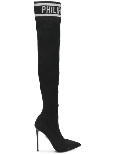 Philipp Plein Logo Jacquard Over The Knee Boots In Black