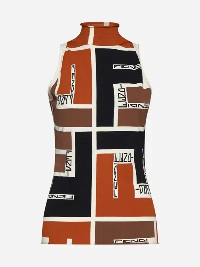 Fendi Ff Puzzle Knit Halter Top In Orange,ash