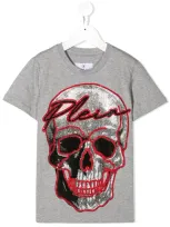 Philipp Plein Kids' Short-sleeved Rhinestone Skull T-shirt In Grey