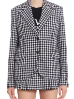 Versace Check Single Breasted Virgin Wool Blend Tweed Blazer In White Black