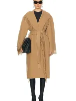 Balenciaga Fringe Wool Hooded Wrap Coat In Praline Beige