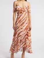 Chelsea28 Cold Shoulder Ruffle Dress In Pink Sepia Painted Lines