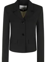 Ganni Light Twill Suiting Fitted Blazer In Black