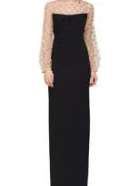 Js Collections Risha Metallic Floral Appliqué Detail Long Sleeve Crepe Column Gown In Black/gold