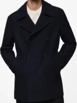 Mango Double Breasted Wool Blend Coat In Dark Navy