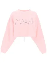 Marni Short Sleeve Boxy Sweatshirt With Hand-embroidered Logo And Floral Detail In Multicolor