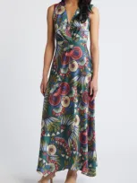 Sam Edelman Feather Floral Satin Maxi Dress In Green Multi