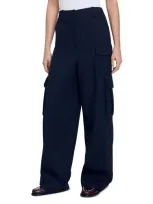 Sandro Paco Wide Leg Wool Cargo Trousers In Navy Blue